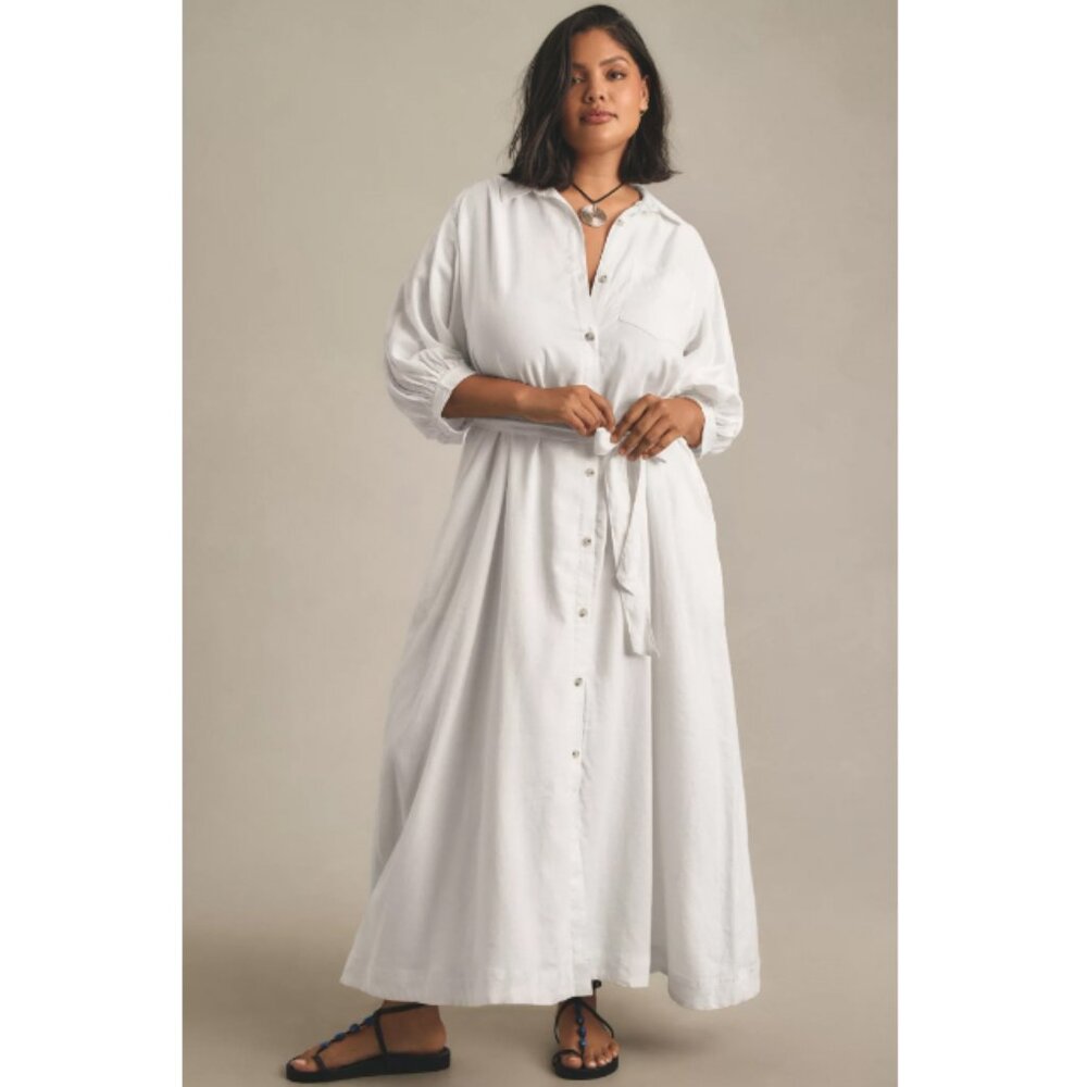 Anthropologie Maeve Irene Linen White Maxi Shirt Dress